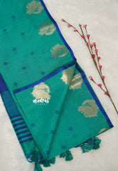 Teal Blue - Manjari - Premium Raw silk with Peacock weaving border and buttas