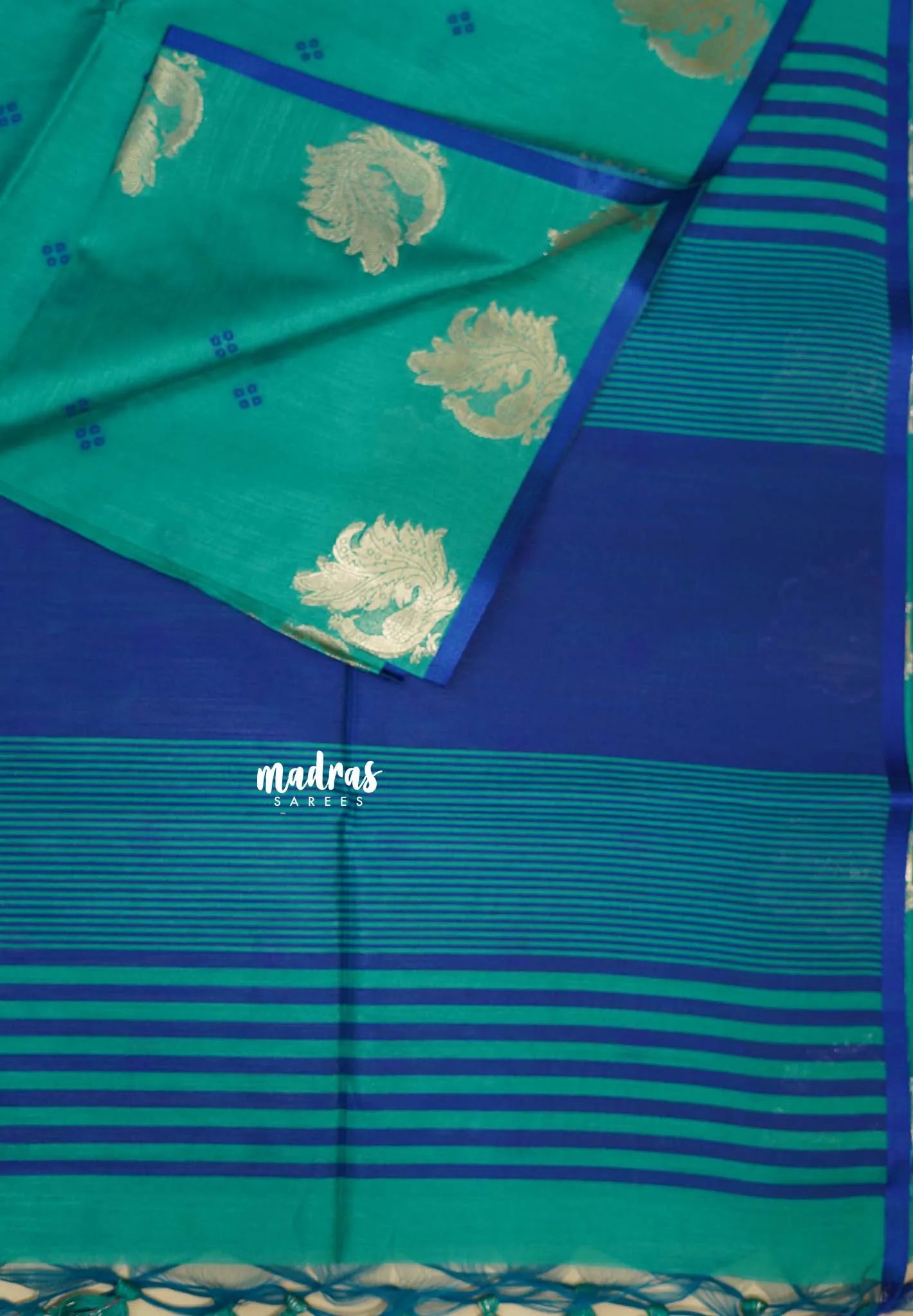 Teal Blue - Manjari - Premium Raw silk with Peacock weaving border and buttas