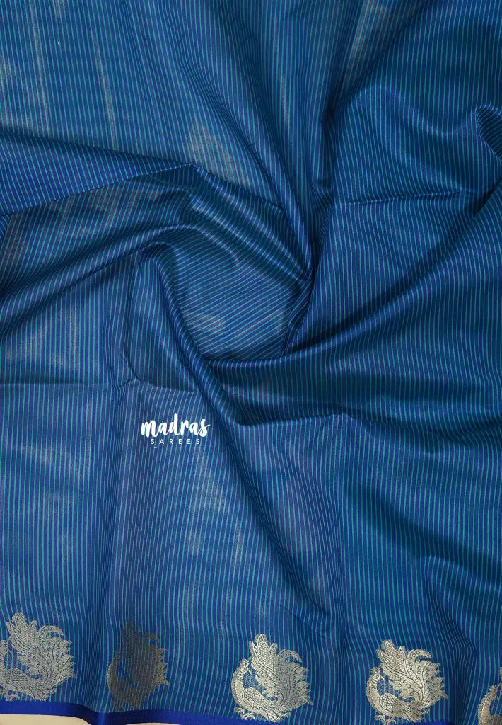 Teal Blue - Manjari - Premium Raw silk with Peacock weaving border and buttas