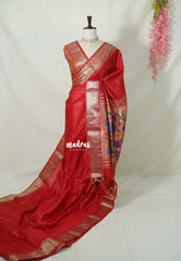 Spicy Red - Manjari - Raw Silk Premium Paithani Weaving Border and Pallu - Best for Small Functions | Pooja | Reception