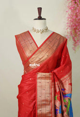 Spicy Red - Manjari - Raw Silk Premium Paithani Weaving Border and Pallu - Best for Small Functions | Pooja | Reception