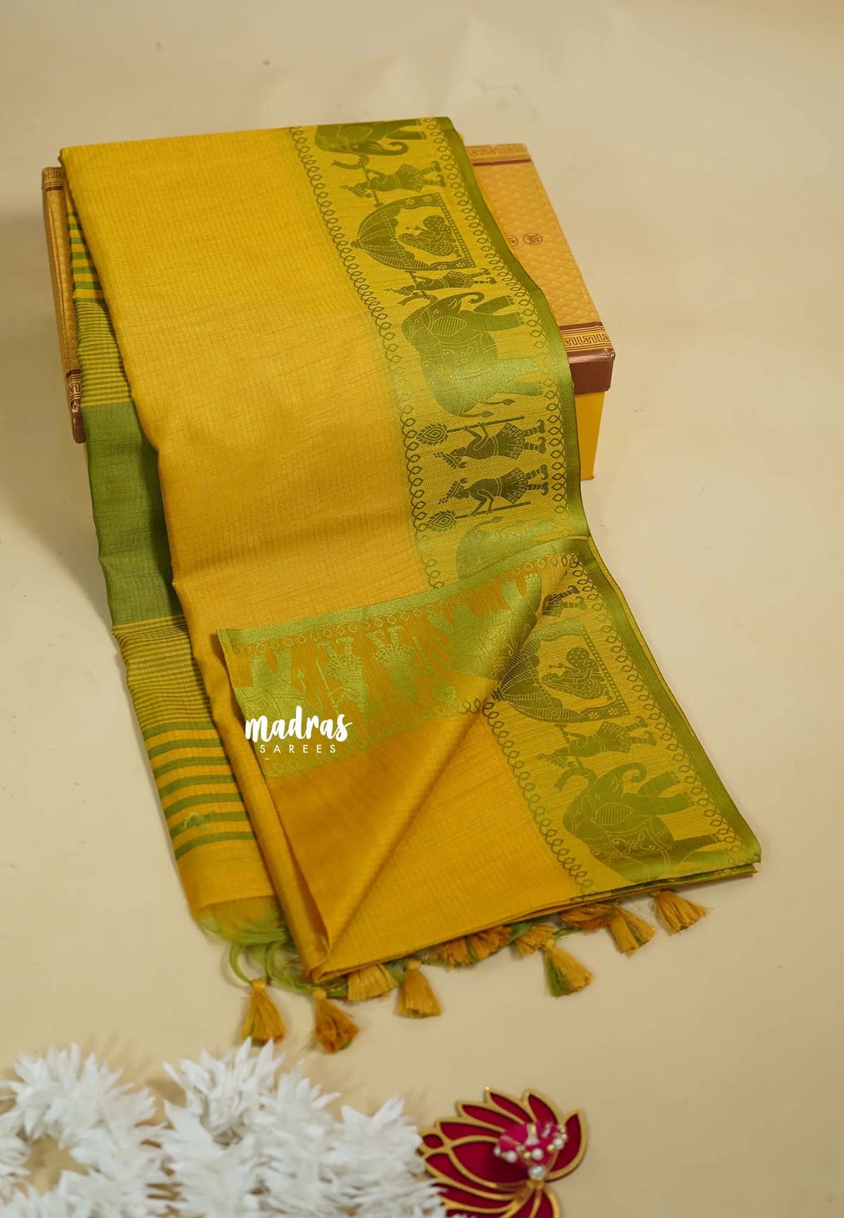 Greenish Yellow - Manjari - Raw silk with Ambari weaving Border