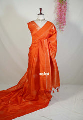 Sunset Orange - Manjari - Raw Silk Saree with Kolam Weaving and Skirt Border - Best for Small Functions / Pooja