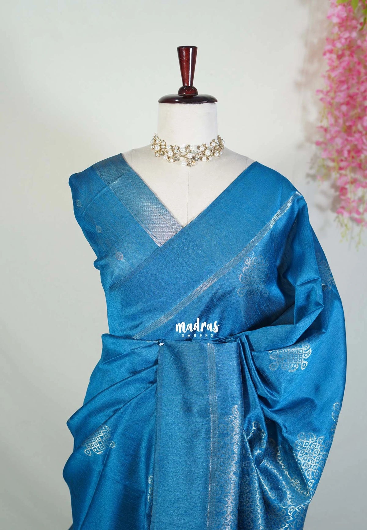Cobalt Blue Raw Silk Saree with Kolam Weaving & Skirt Border | Manjari | Pooja & Small Functions