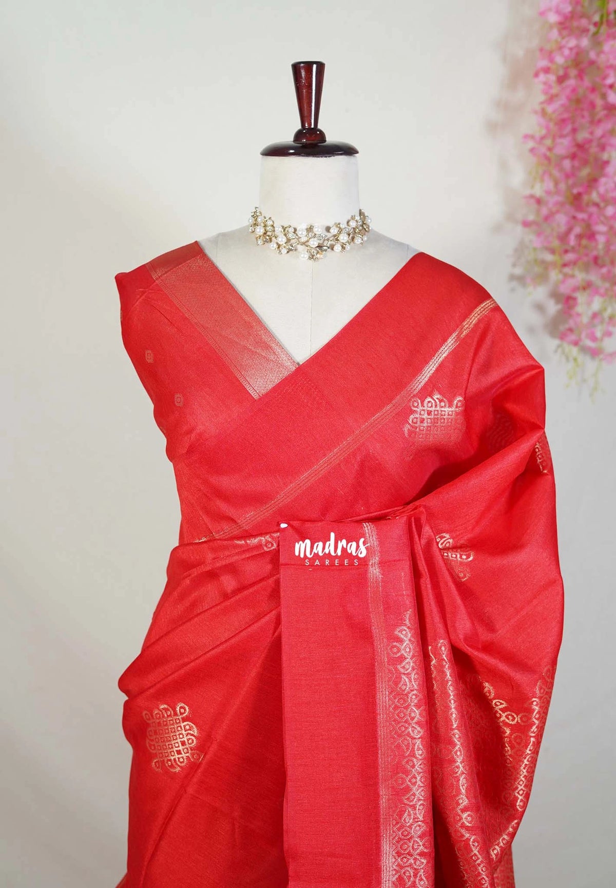 Spicy Red - Manjari - Raw Silk Saree with Kolam Weaving and Skirt Border - Best for Small Functions / Pooja