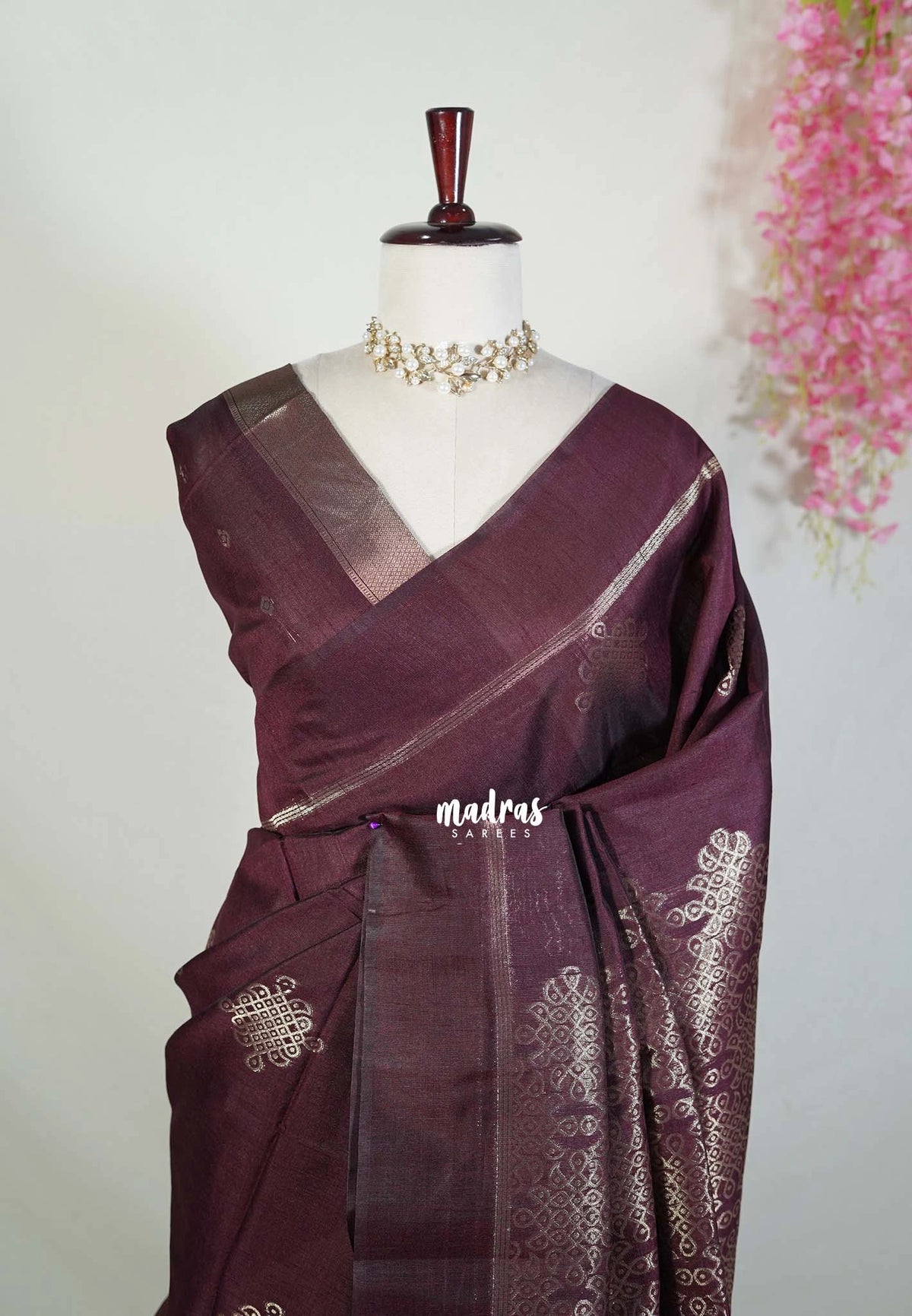 Wine Brown - Manjari - Raw Silk Saree with Kolam Weaving and Skirt Border - Best for Small Functions / Pooja