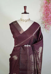 Wine Brown - Manjari - Raw Silk Saree with Kolam Weaving and Skirt Border - Best for Small Functions / Pooja