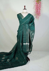 Bottle Green - Manjari - Raw Silk Saree with Kolam Weaving and Skirt Border - Best for Small Functions / Pooja