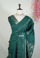Bottle Green - Manjari - Raw Silk Saree with Kolam Weaving and Skirt Border - Best for Small Functions / Pooja