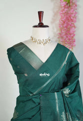 Bottle Green - Manjari - Raw Silk Saree with Kolam Weaving and Skirt Border - Best for Small Functions / Pooja