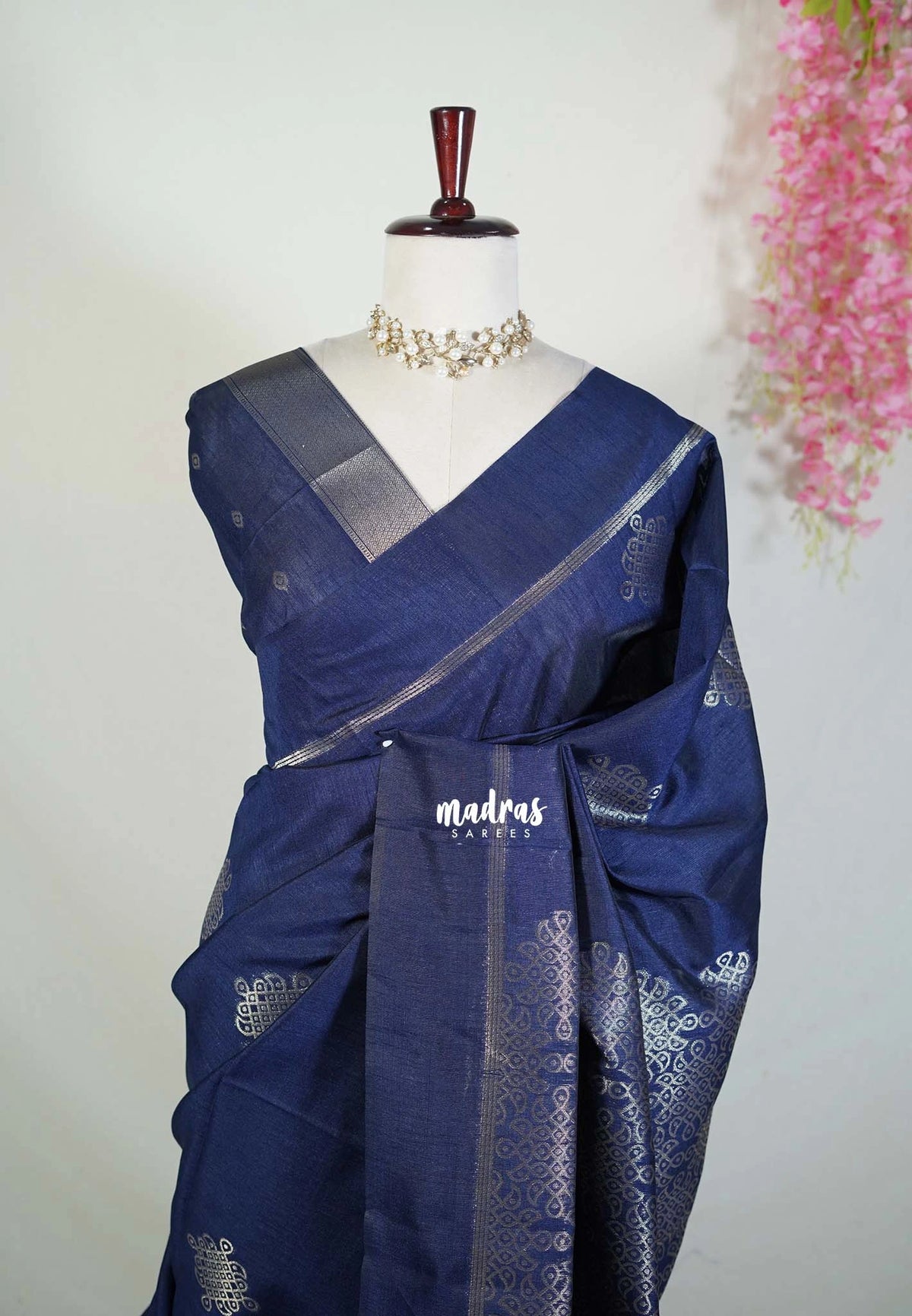 Midnight Blue - Manjari - Raw Silk Saree with Kolam Weaving and Skirt Border - Best for Small Functions / Pooja