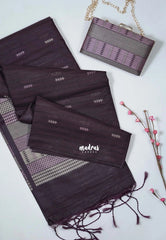 Wine Brown - Manjari - Free Clutch - Raw Silk Saree Ikkat Weaving with Pallu and Blouse - Best for Small Functions