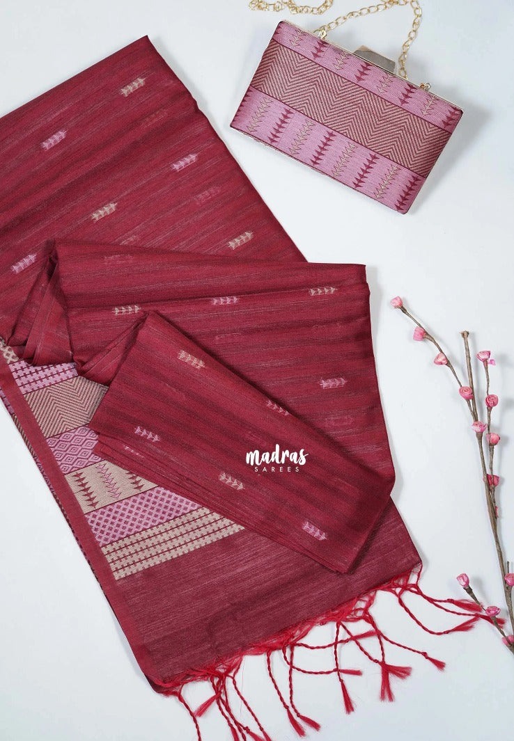Majestic Maroon - Manjari - Free Clutch - Raw Silk Saree Ikkat Weaving with Pallu and Blouse - Best for Small Functions