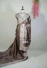 Muted Brown - Manjari - Raw Silk Saree with Patch Work Kalamkari Border - Best for Pooja Functions / Diwali Festive