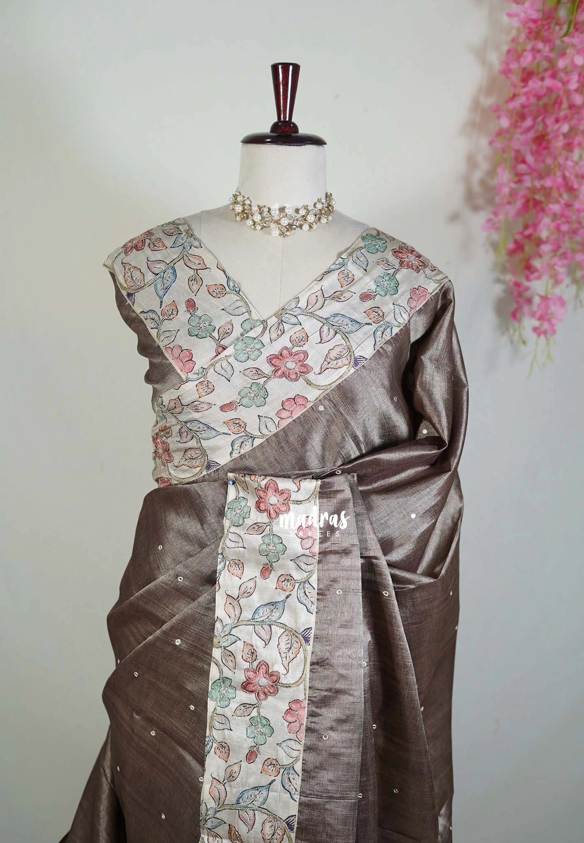 Muted Brown - Manjari - Raw Silk Saree with Patch Work Kalamkari Border - Best for Pooja Functions / Diwali Festive