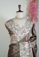 Muted Brown - Manjari - Raw Silk Saree with Patch Work Kalamkari Border - Best for Pooja Functions / Diwali Festive