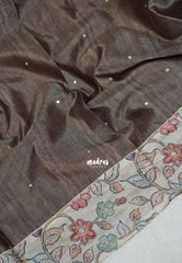Muted Brown - Manjari - Raw Silk Saree with Patch Work Kalamkari Border - Best for Pooja Functions / Diwali Festive