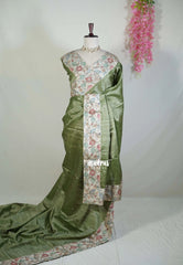 Olive Sage Green - Manjari - Raw Silk Saree with Patch Work Kalamkari Border - Best for Pooja Functions / Diwali Festive