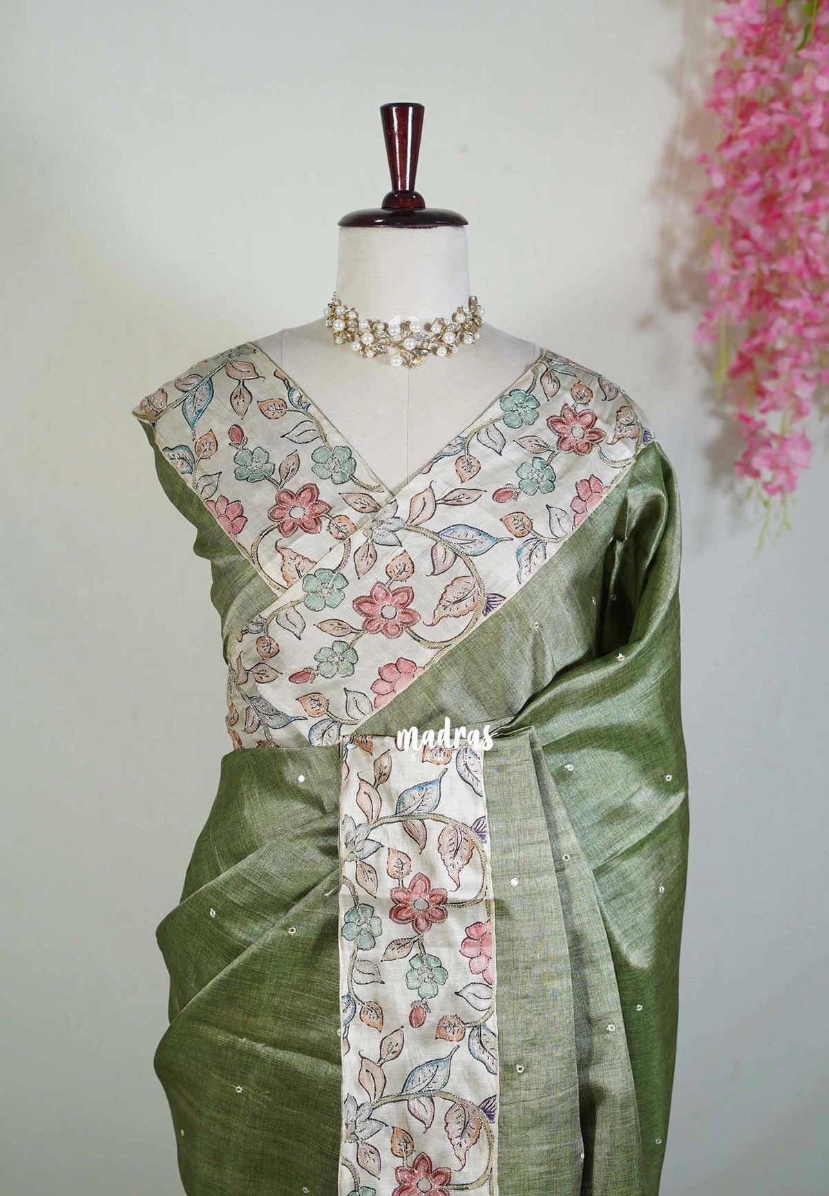 Olive Sage Green - Manjari - Raw Silk Saree with Patch Work Kalamkari Border - Best for Pooja Functions / Diwali Festive
