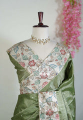 Olive Sage Green - Manjari - Raw Silk Saree with Patch Work Kalamkari Border - Best for Pooja Functions / Diwali Festive