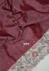 Dark Rosewood Pink - Manjari - Raw Silk Saree with Patch Work Kalamkari Border - Best for Pooja Functions / Diwali Festive