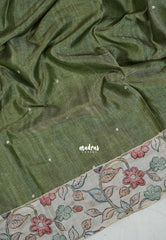 Olive Sage Green - Manjari - Raw Silk Saree with Patch Work Kalamkari Border - Best for Pooja Functions / Diwali Festive