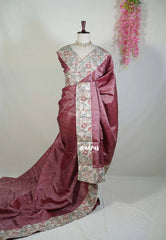 Dark Rosewood Pink - Manjari - Raw Silk Saree with Patch Work Kalamkari Border - Best for Pooja Functions / Diwali Festive