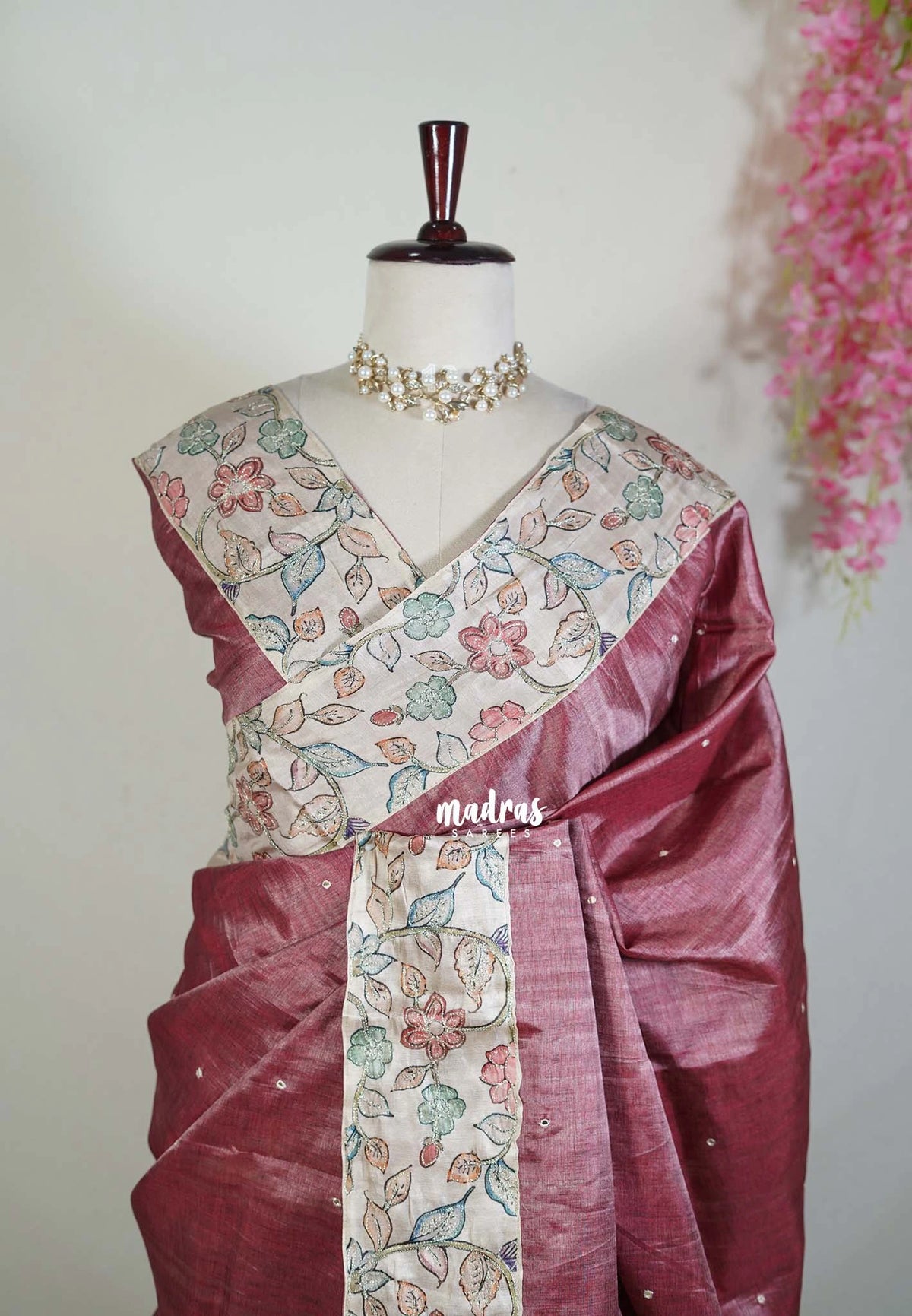 Dark Rosewood Pink - Manjari - Raw Silk Saree with Patch Work Kalamkari Border - Best for Pooja Functions / Diwali Festive