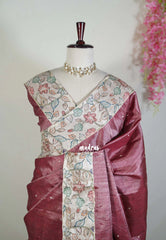Dark Rosewood Pink - Manjari - Raw Silk Saree with Patch Work Kalamkari Border - Best for Pooja Functions / Diwali Festive
