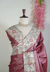 Dark Rosewood Pink - Manjari - Raw Silk Saree with Patch Work Kalamkari Border - Best for Pooja Functions / Diwali Festive