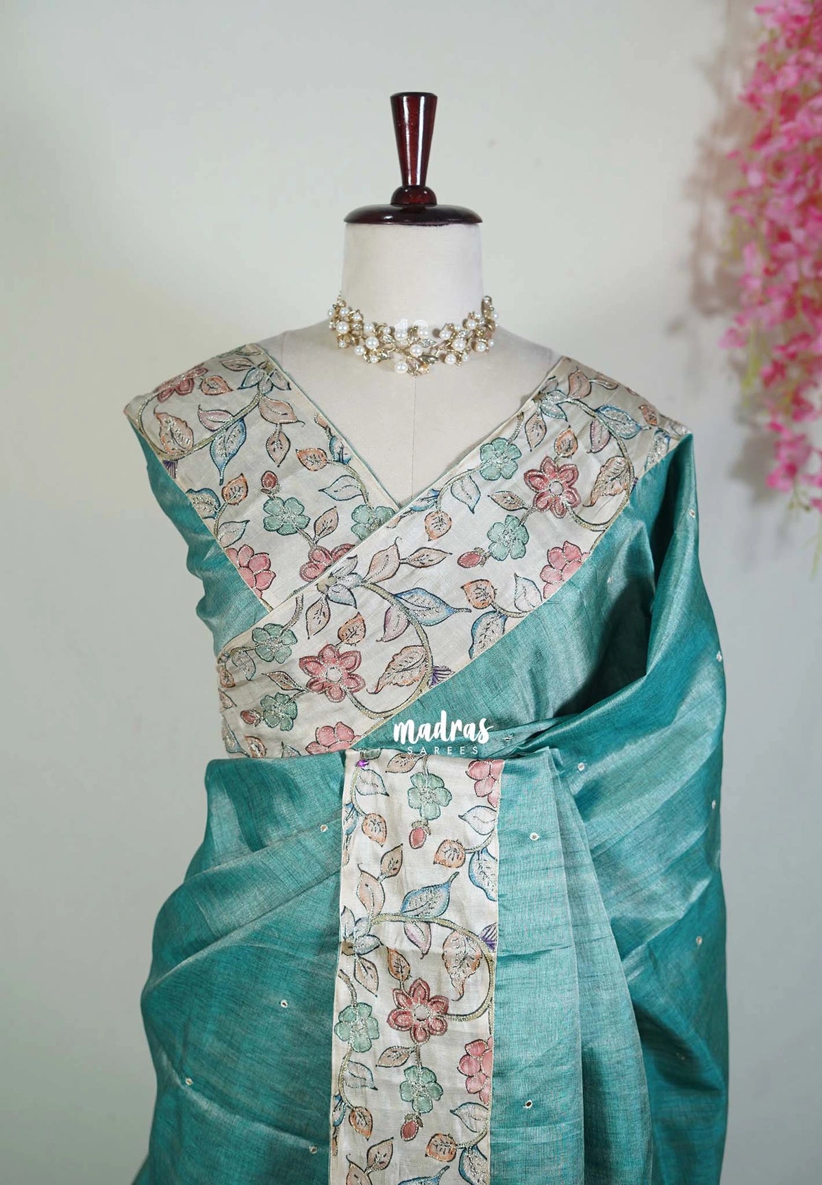 Muted Teal - Manjari - Raw Silk Saree with Patch Work Kalamkari Border - Best for Pooja Functions / Diwali Festive