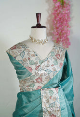 Muted Teal - Manjari - Raw Silk Saree with Patch Work Kalamkari Border - Best for Pooja Functions / Diwali Festive