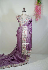 Mauve Purple - Manjari - Raw Silk Saree with Patch Work Kalamkari Border - Best for Pooja Functions / Diwali Festive
