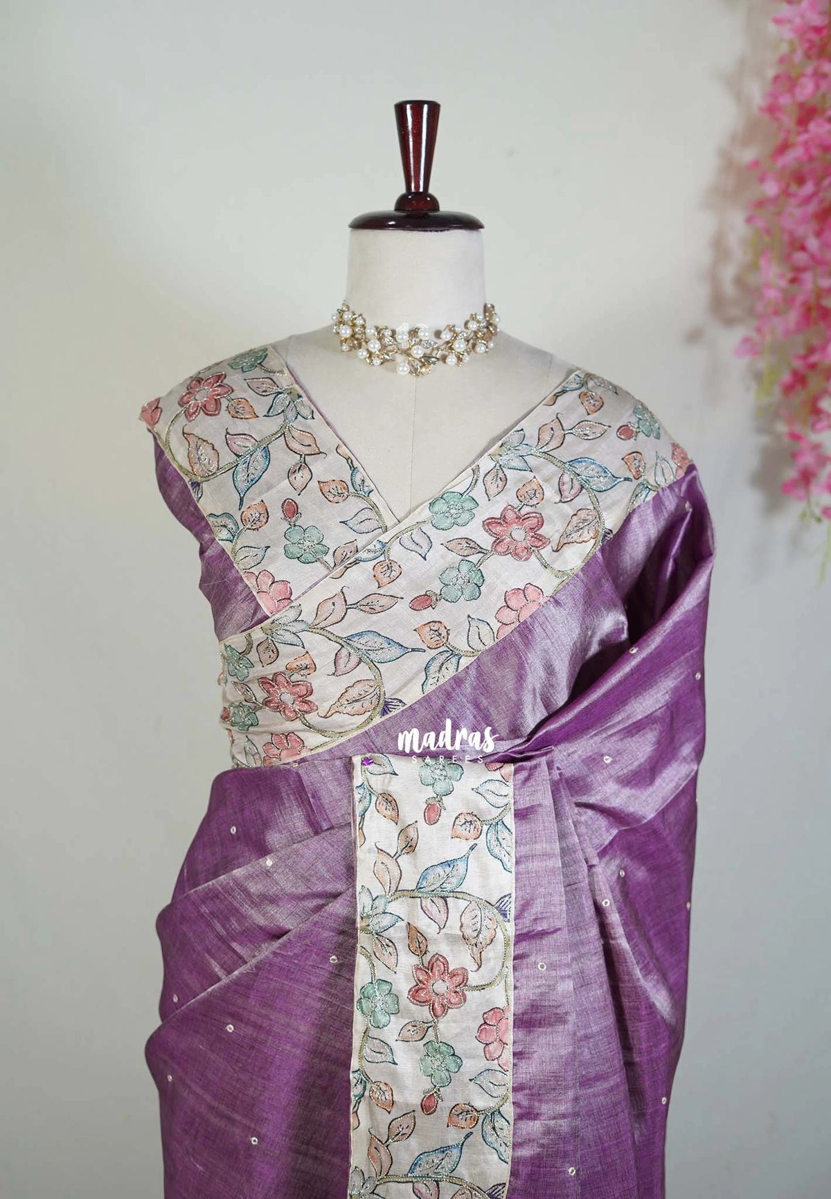 Mauve Purple - Manjari - Raw Silk Saree with Patch Work Kalamkari Border - Best for Pooja Functions / Diwali Festive