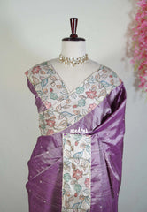 Mauve Purple - Manjari - Raw Silk Saree with Patch Work Kalamkari Border - Best for Pooja Functions / Diwali Festive