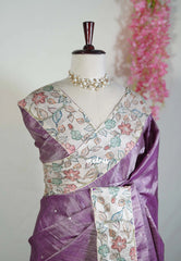 Mauve Purple - Manjari - Raw Silk Saree with Patch Work Kalamkari Border - Best for Pooja Functions / Diwali Festive