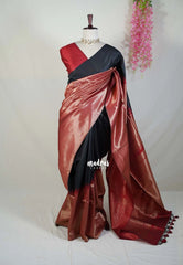 Black with Reddish Maroon - Manjari - Raw Silk in Raising Kanjivaram Weaving Style - Best for Small Functions | Pooja | Reception