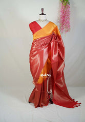 Yellowish Orange with Red - Manjari - Raw Silk in Raising Kanjivaram Weaving Style - Best for Small Functions | Pooja | Reception
