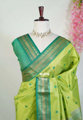 Pretty Parrot Green - Manjari - Raw Silk Saree with Rudraksham Border and Buttas - Best for Small Functions
