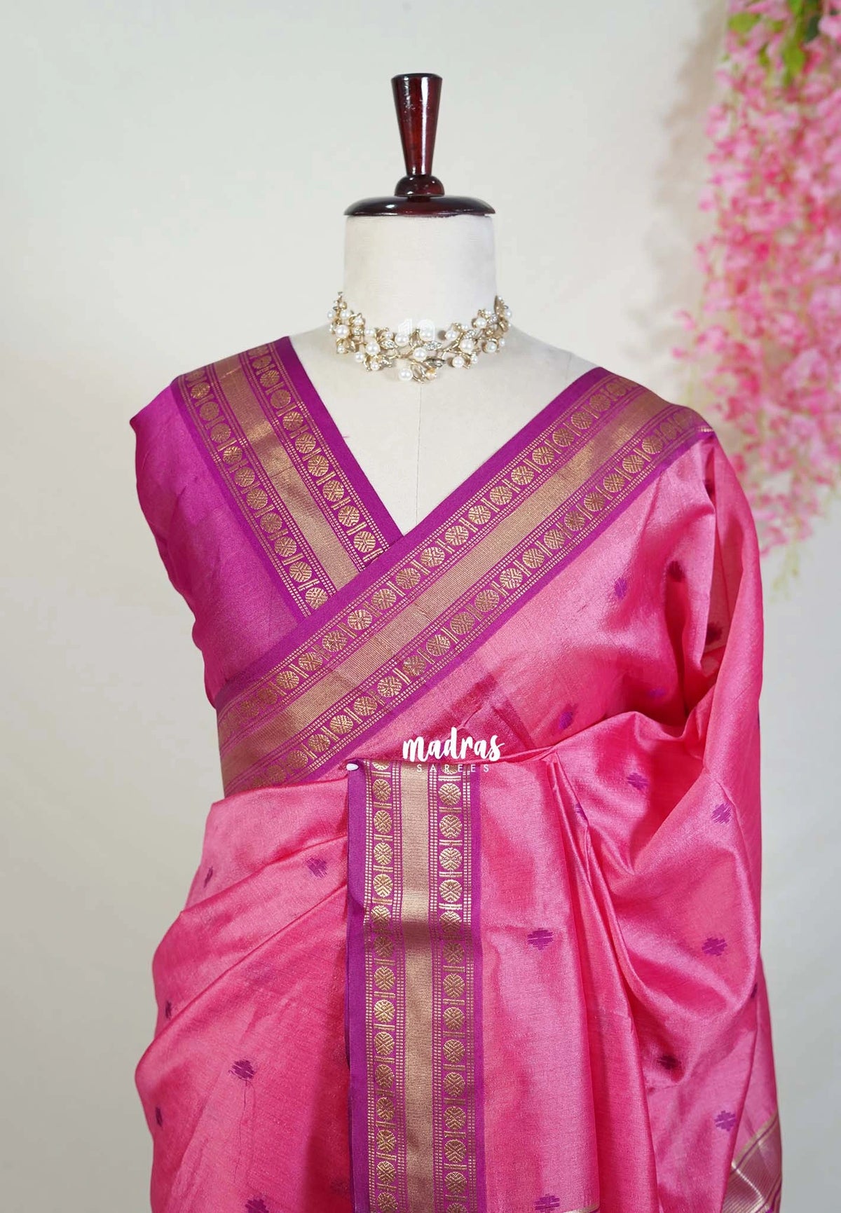 Rose Pink - Manjari - Raw Silk Saree with Rudraksham Border and Buttas - Best for Small Functions