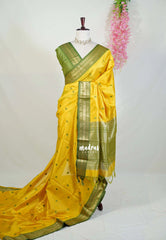 Greenish Yellow - Manjari - Raw Silk Saree with Rudraksham Border and Buttas - Best for Small Functions