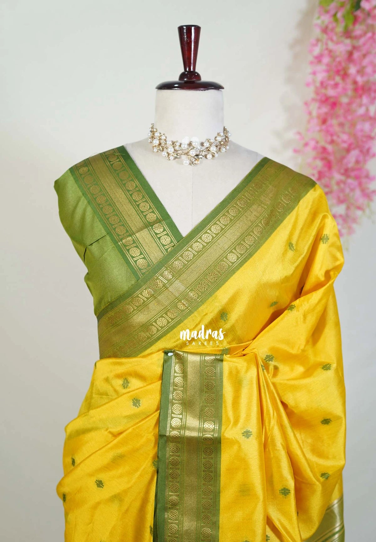 Greenish Yellow - Manjari - Raw Silk Saree with Rudraksham Border and Buttas - Best for Small Functions