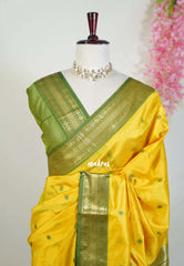 Greenish Yellow - Manjari - Raw Silk Saree with Rudraksham Border and Buttas - Best for Small Functions
