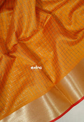 Sunlit Mustard Orange - Manjari -  semi tussar checks in body with tissue border