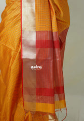 Sunlit Mustard Orange - Manjari -  semi tussar checks in body with tissue border
