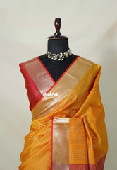 Sunlit Mustard Orange - Manjari -  semi tussar checks in body with tissue border
