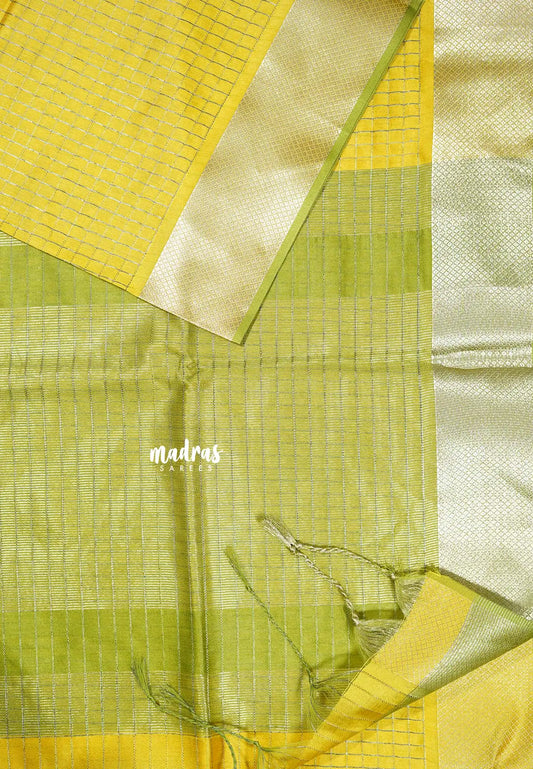 Lime Yellow - Manjari -  semi tussar checks in body with tissue border