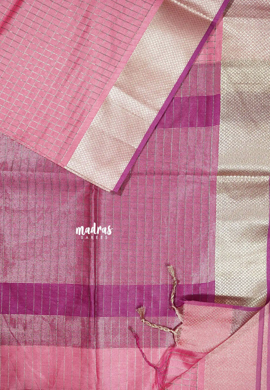 Pastel Pink - Manjari -  semi tussar checks in body with tissue border