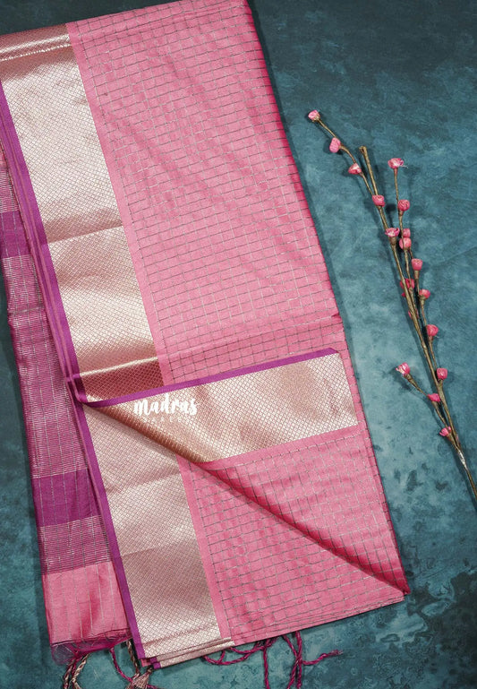 Pastel Pink - Manjari -  semi tussar checks in body with tissue border