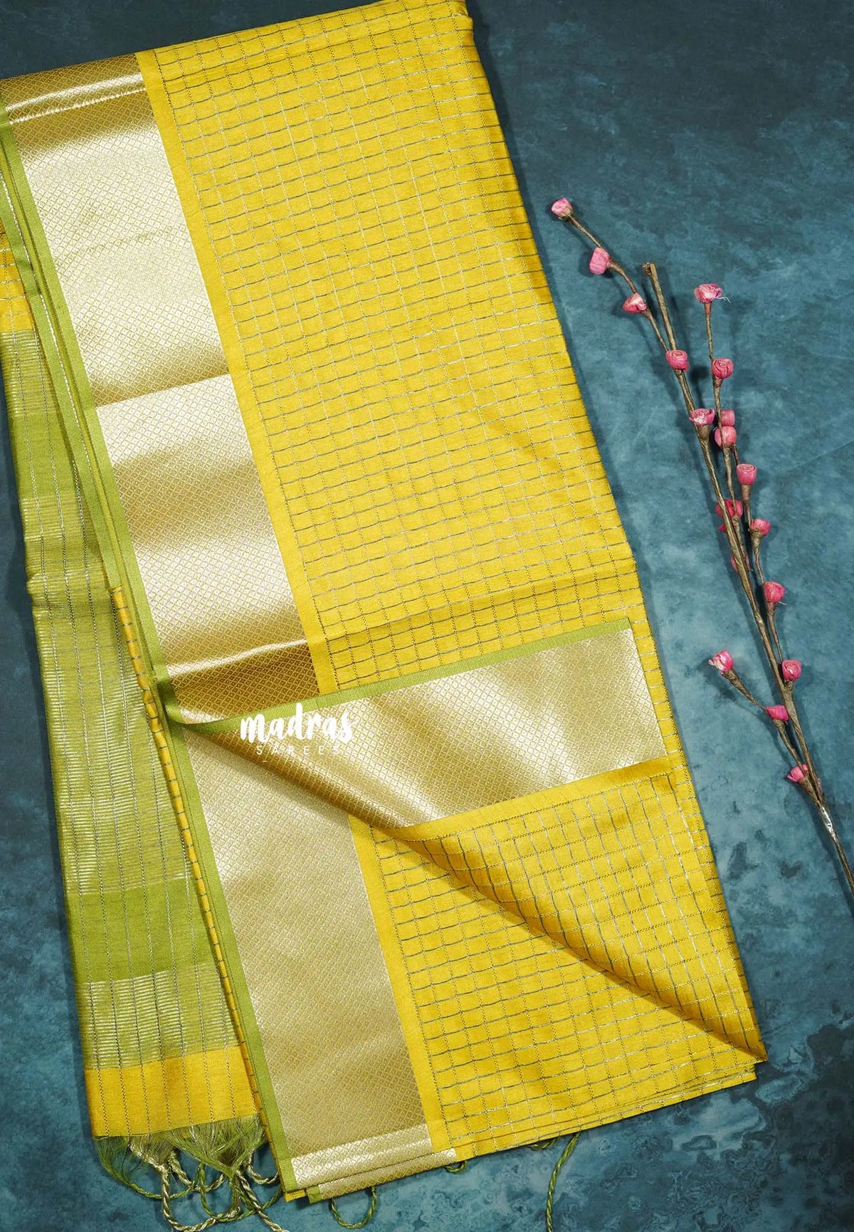 Lime Yellow - Manjari -  semi tussar checks in body with tissue border